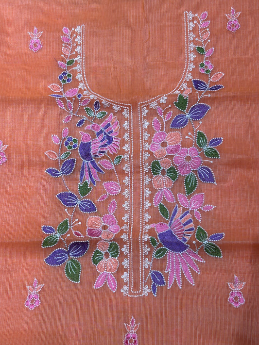 Peach Orange Floral Embroidered Mix Cotton Kota Doria 3-Piece Suit Set