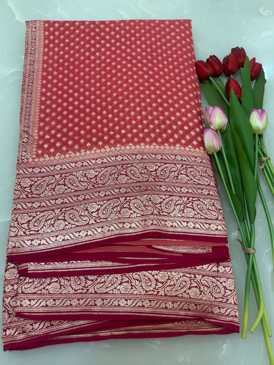 Dusty Peach color handloom Khaddi Georgette Banarasi Saree with Contrast Magenta Blouse