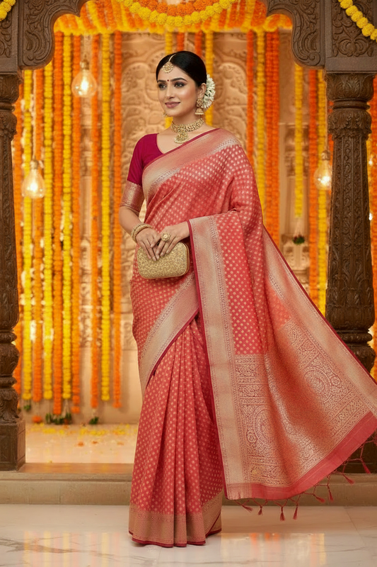 Dusty Peach color handloom Khaddi Georgette Banarasi Saree with Contrast Magenta Blouse