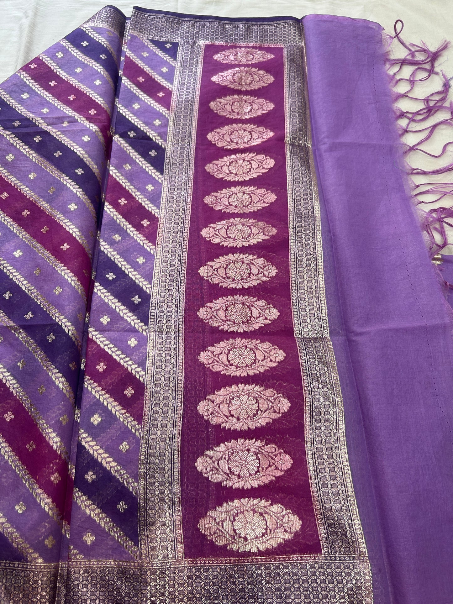 Lavender and Purple silver butti banarasi 3 piece set with diagonal striped dupatta
