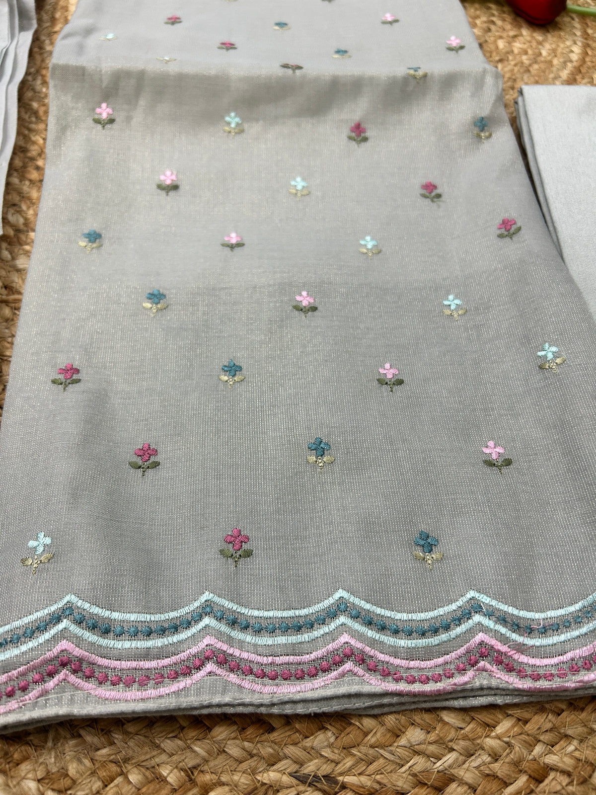 Silver Grey Pure Mul Tissue Parsi Embroidery Dress Material