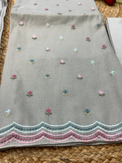 Silver Grey Pure Mul Tissue Parsi Embroidery Dress Material