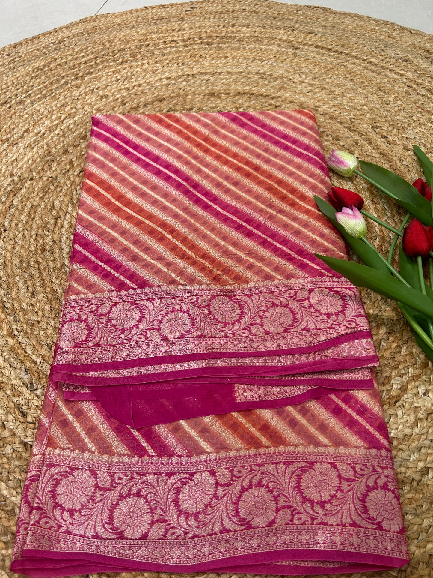 Authentic Handloom Magenta Pink Pure Georgette Khaddi weaving  Saree
