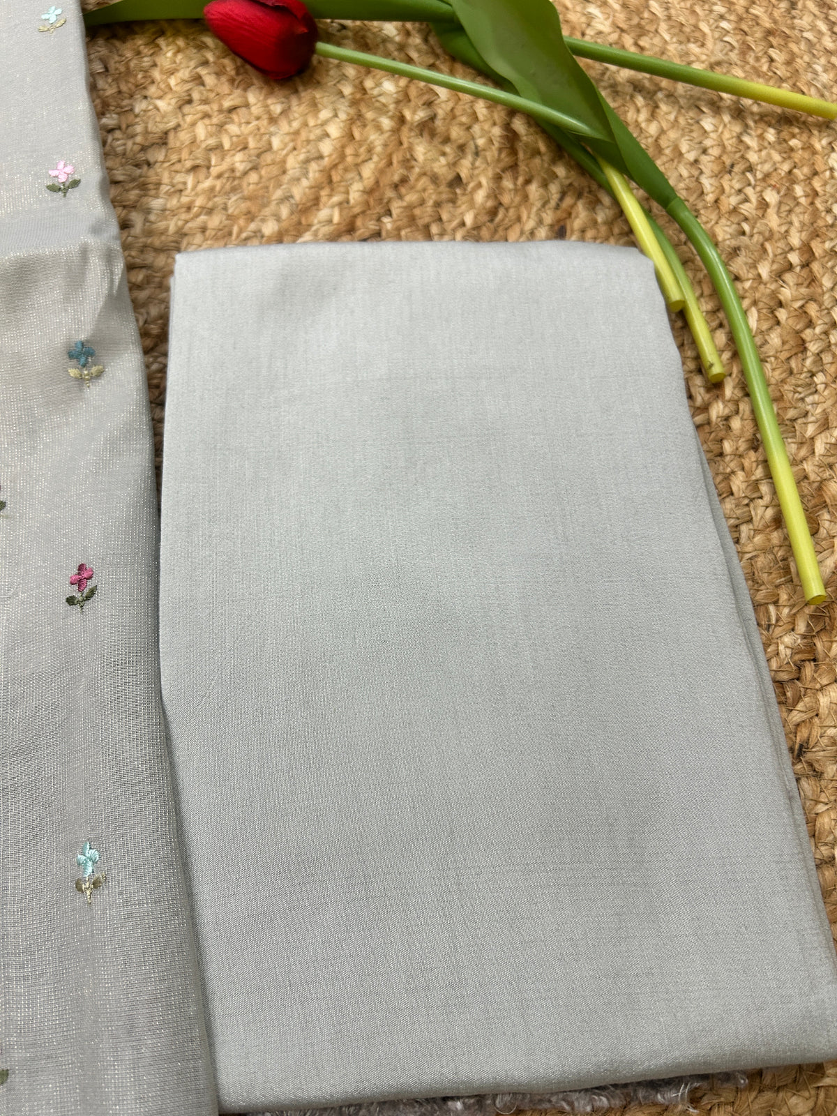 Silver Grey Pure Mul Tissue Parsi Embroidery Dress Material