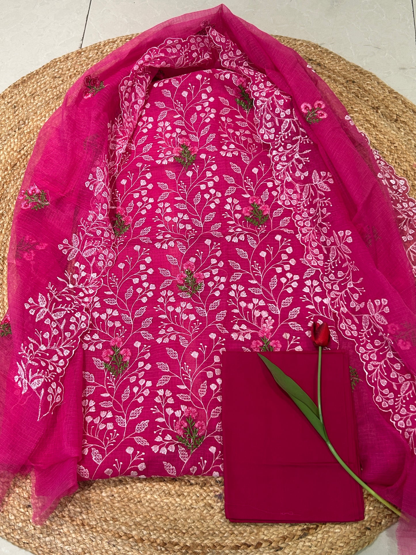 Rani Pink Mixed Cotton Kota Doria Unstitched Suit Set