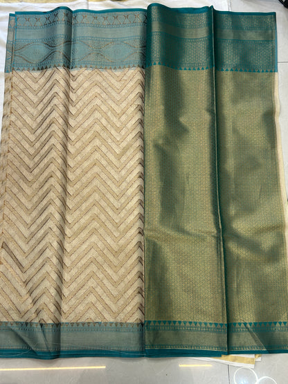 Champagne Gold with Teal Blue border with Antique Gold Zari Linen Tissue Banarasi saree with Brocade blouse piece
