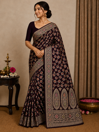 Authentic Handloom Deep Plum Floral Pure Georgette Khaddi weaving Saree