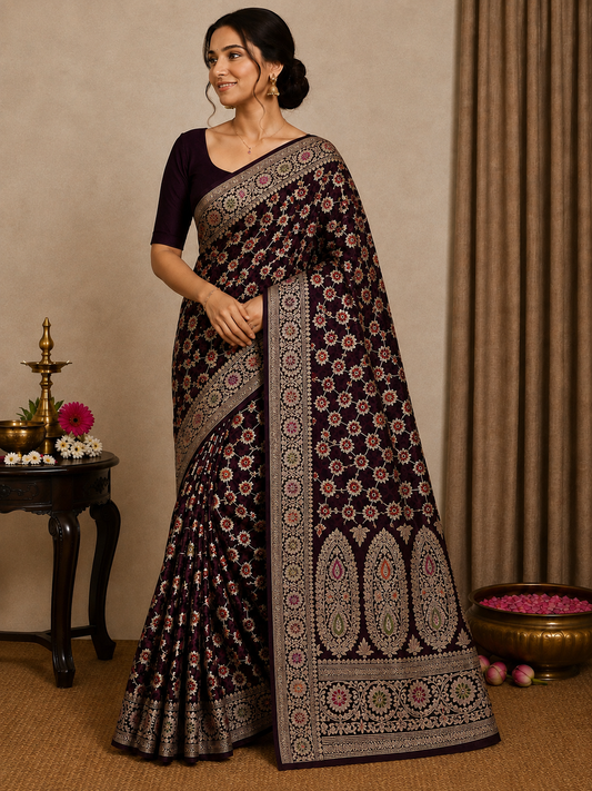 Authentic Handloom Deep Plum Floral Pure Georgette Khaddi weaving Saree