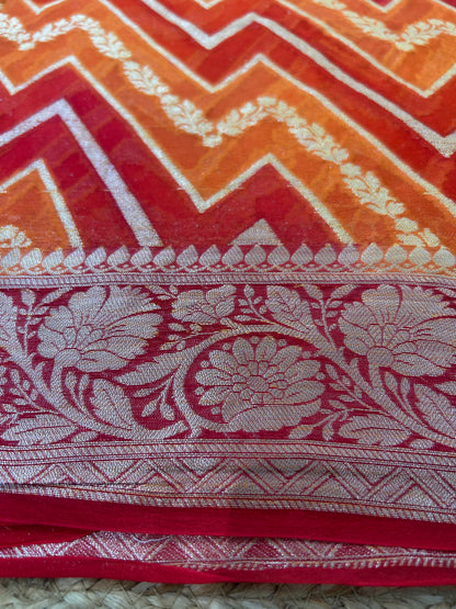 Authentic Handloom Orange & Red Pure Georgette Khaddi weaving Handloom Saree