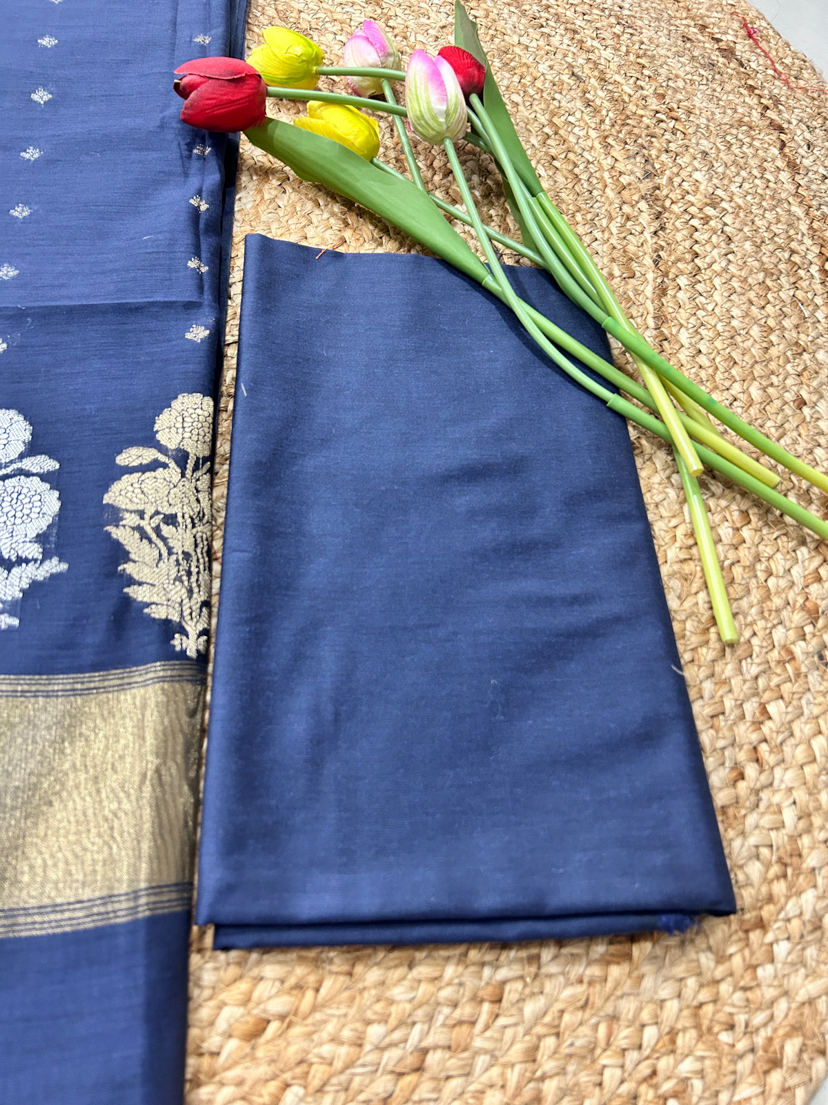 Navy Blue and Rust Orange Cotton Silk  Banarasi 3-Piece Suit Material