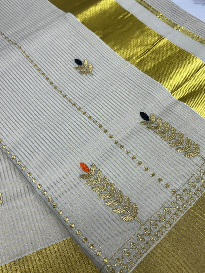 Kerala cotton saree with golden stripes all through the body with kasavu pallu  SMC238