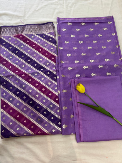 Lavender and Purple silver butti banarasi 3 piece set with diagonal striped dupatta