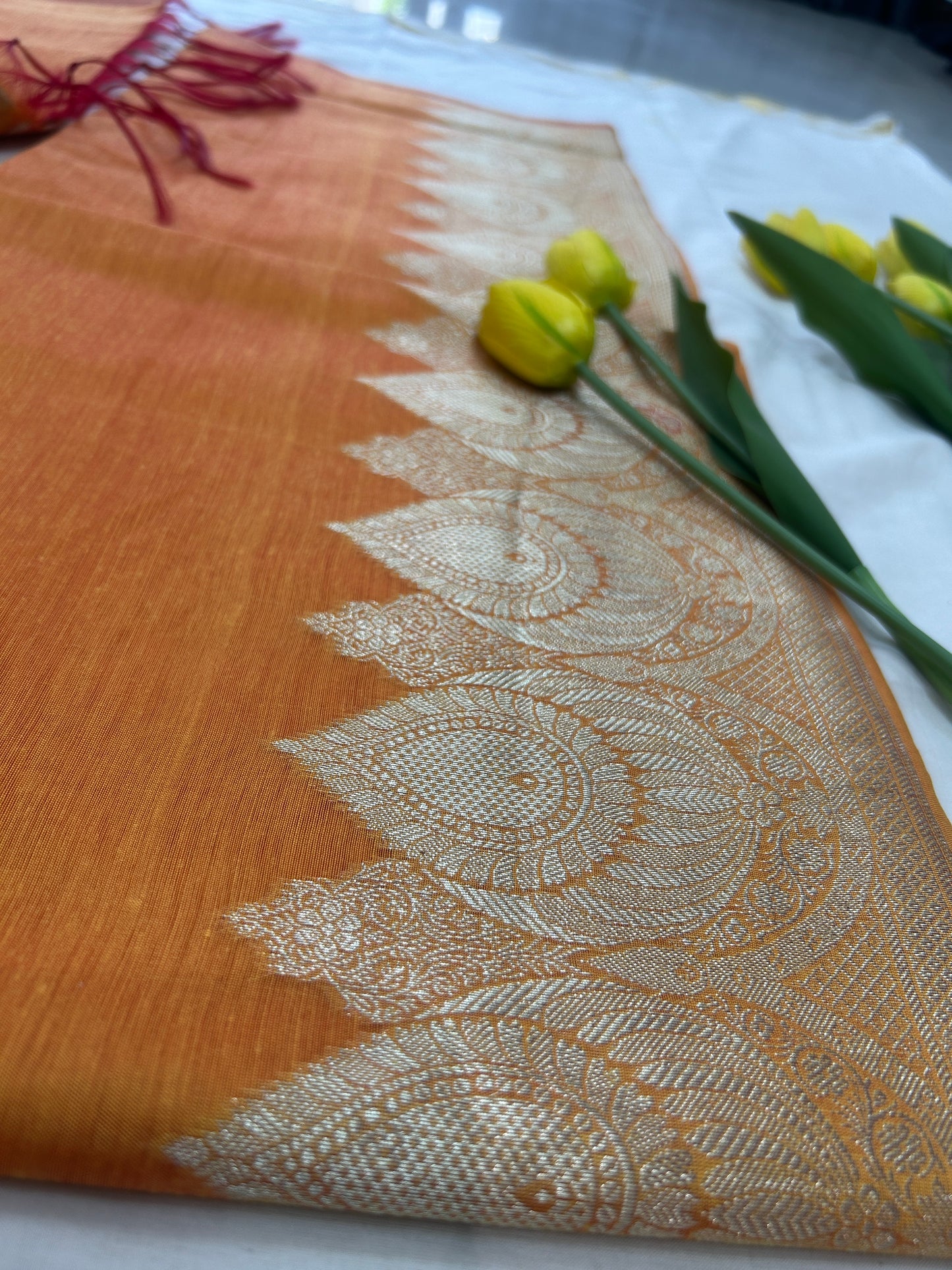 Mango yellow with Solid color body Banarasi 3 piece set