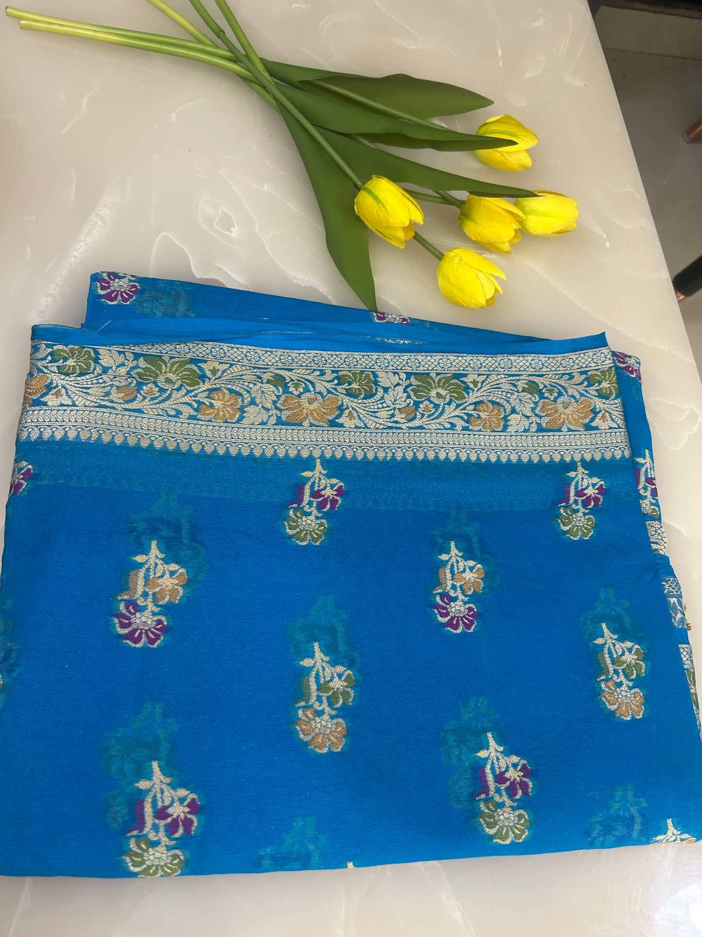 Authentic Handloom Pure Khaddi Georgette Banarasi Saree – Royal Blue with Meenakari Weaving
