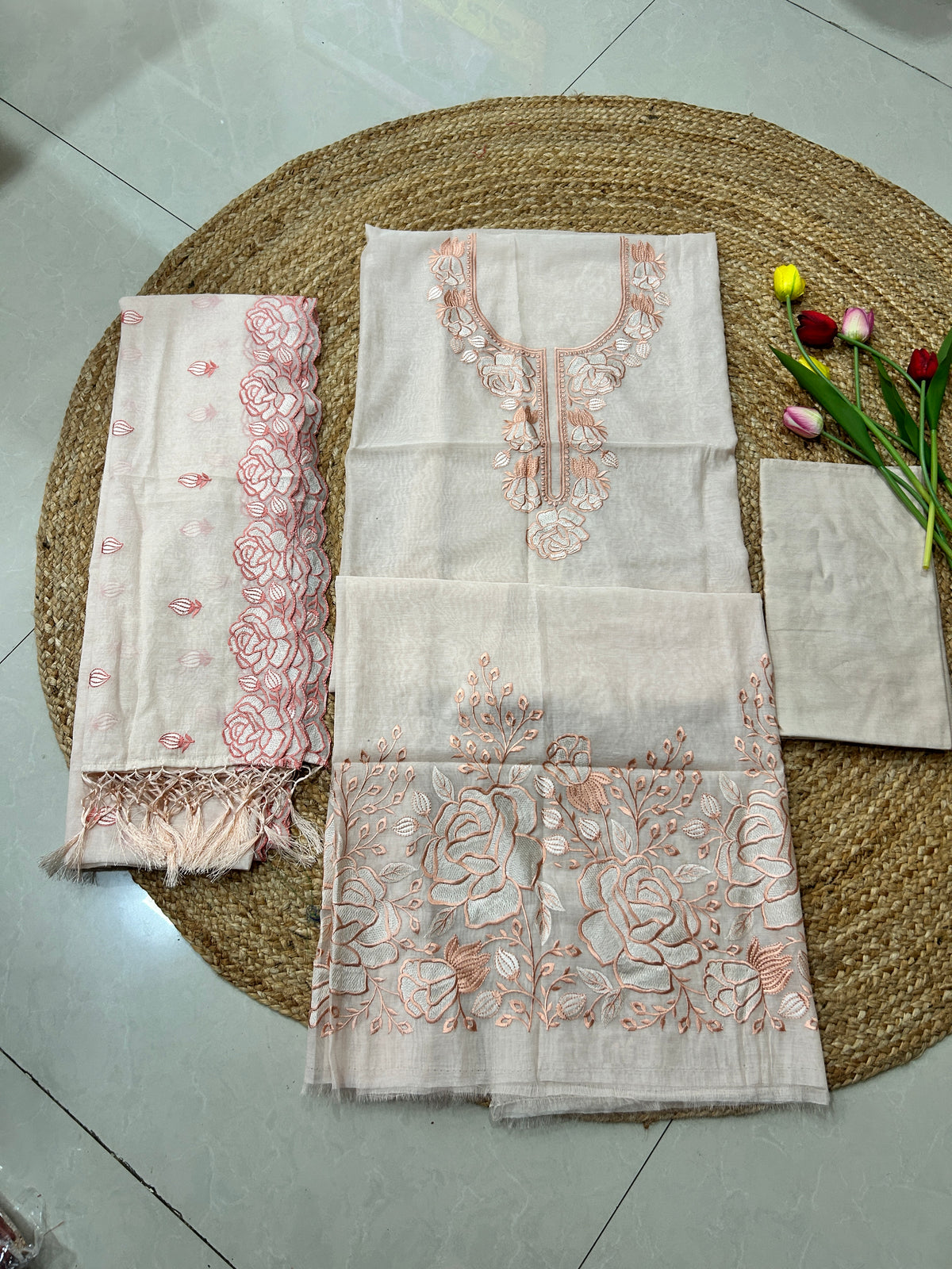 Pale Peach Floral Mulcotton 3-Piece Suit Set