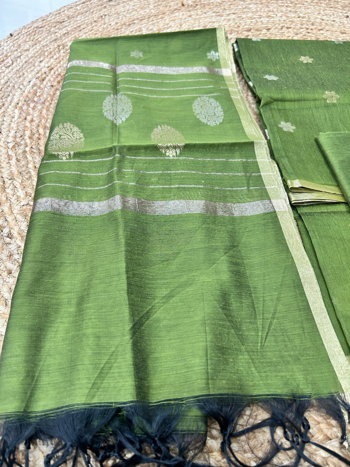Olive Green Cotton Silk  Banarasi 3-Piece Suit Material