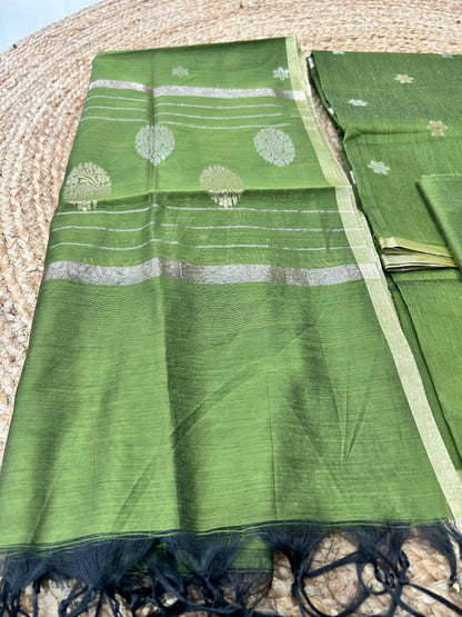 Olive Green Cotton Silk  Banarasi 3-Piece Suit Material