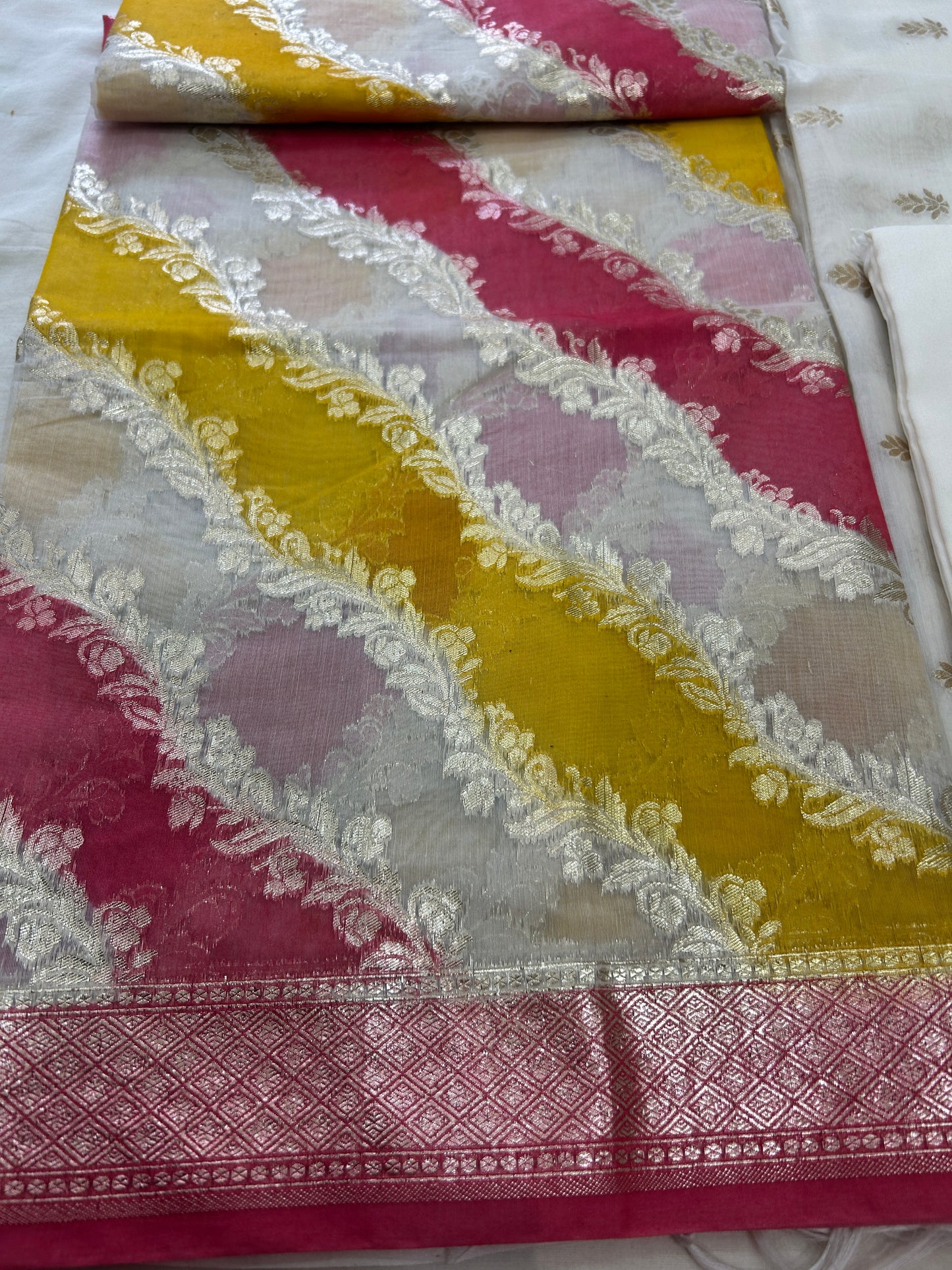 White and Pink golden butti banarasi 3 piece set with diagonal striped dupatta