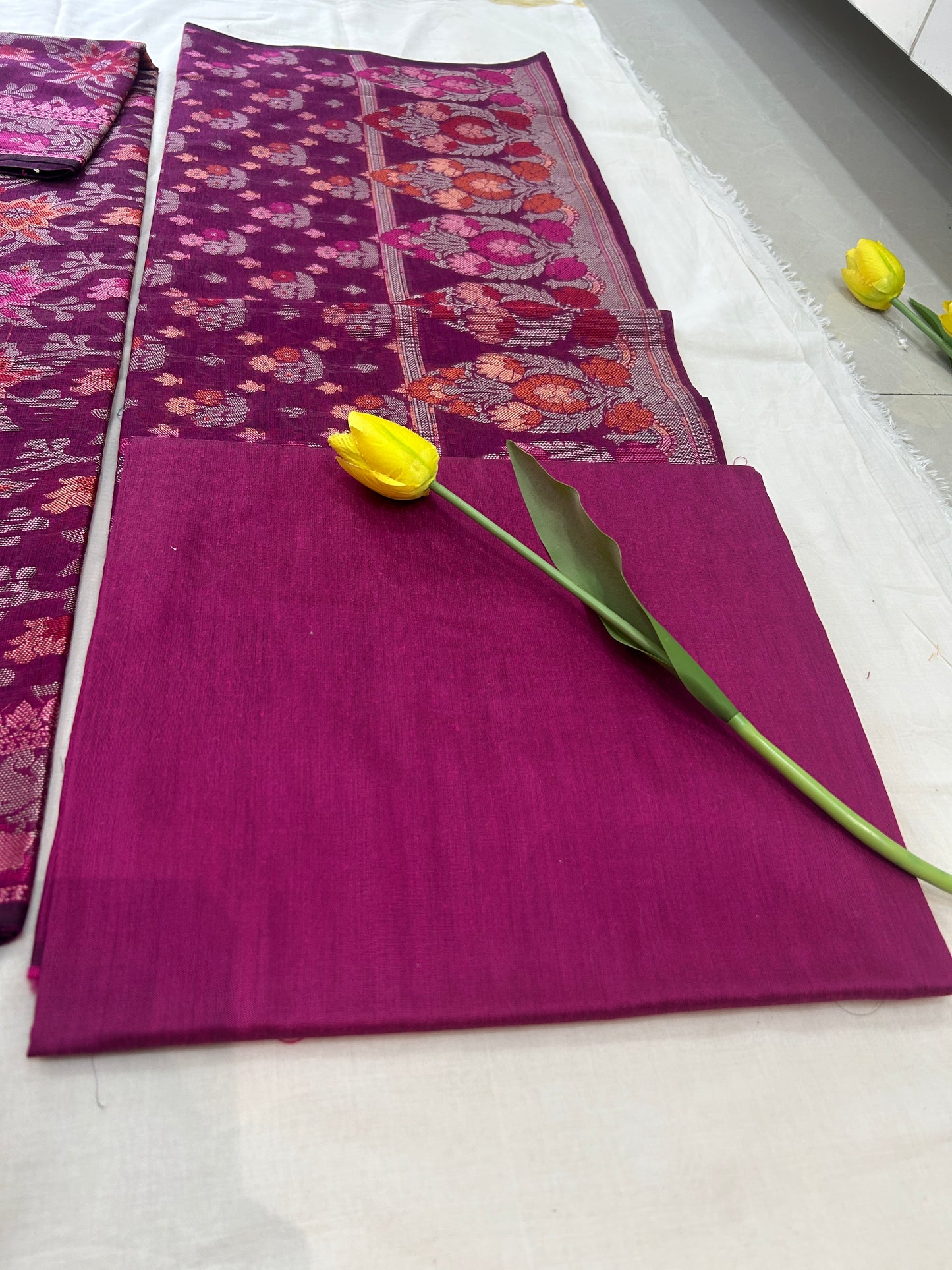 Handwoven deep Magenta Cotton silk Unstitched Banarasi Suit Set with Resham Weaving