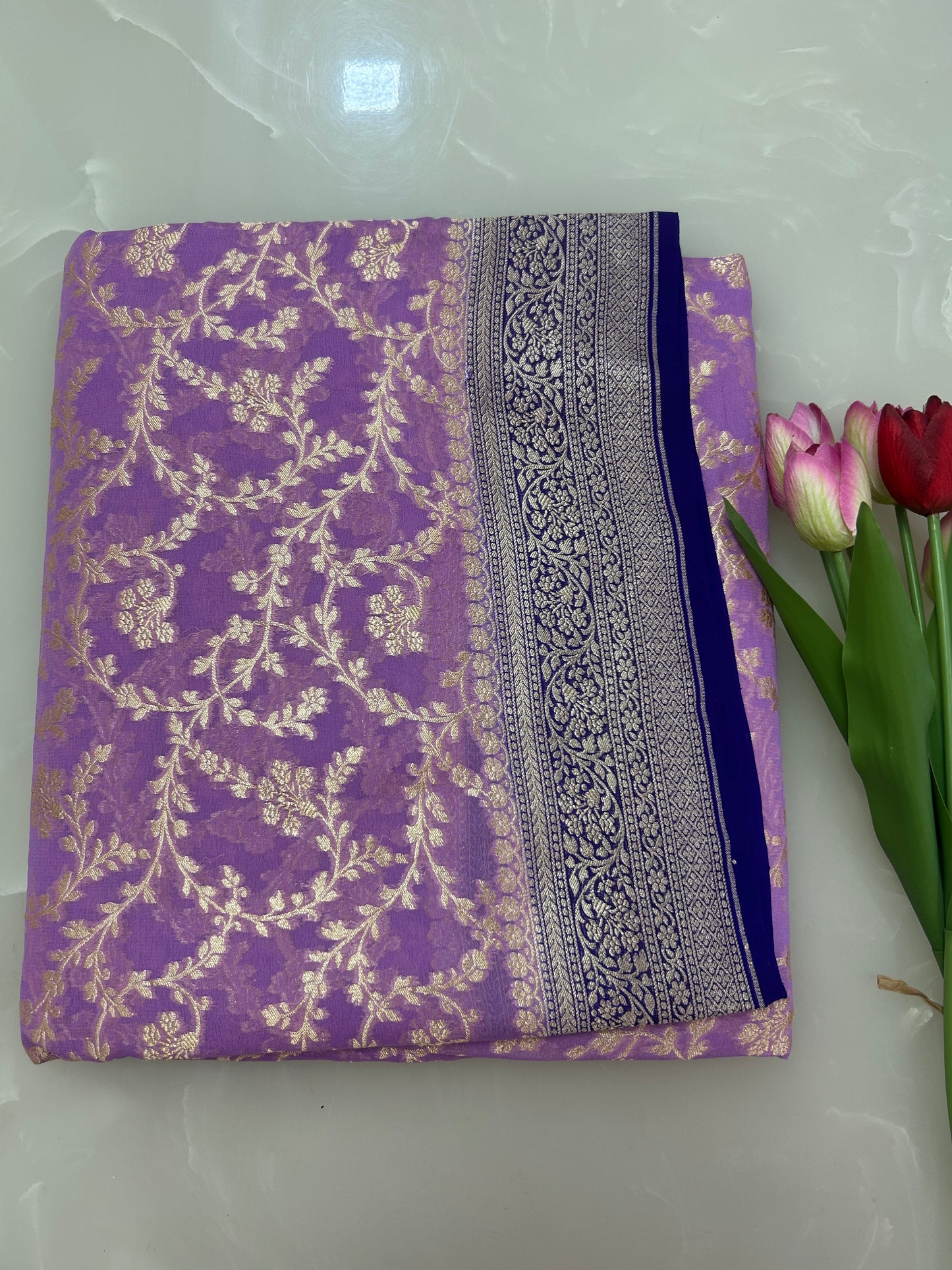 Lavendar Handwoven Handloom Khaddi Georgette Banarasi Saree with contrast purple blouse