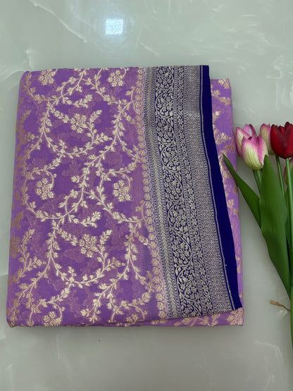 Lavendar Handwoven Handloom Khaddi Georgette Banarasi Saree with contrast purple blouse
