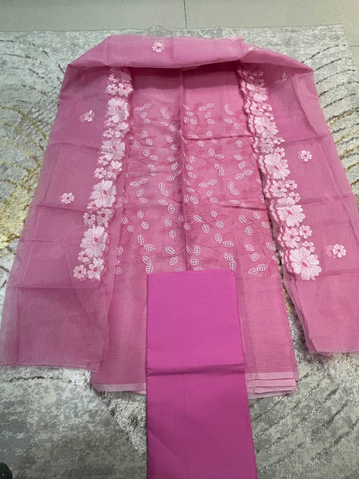 Pink Sky Blue Embroidered Kota Doria 3 piece unstitched Dress Material