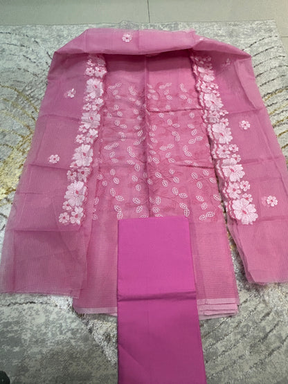 Pink Sky Blue Embroidered Kota Doria 3 piece unstitched Dress Material