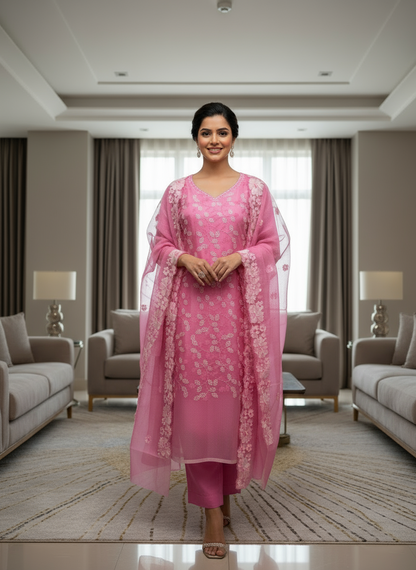 Pink Sky Blue Embroidered Kota Doria 3 piece unstitched Dress Material