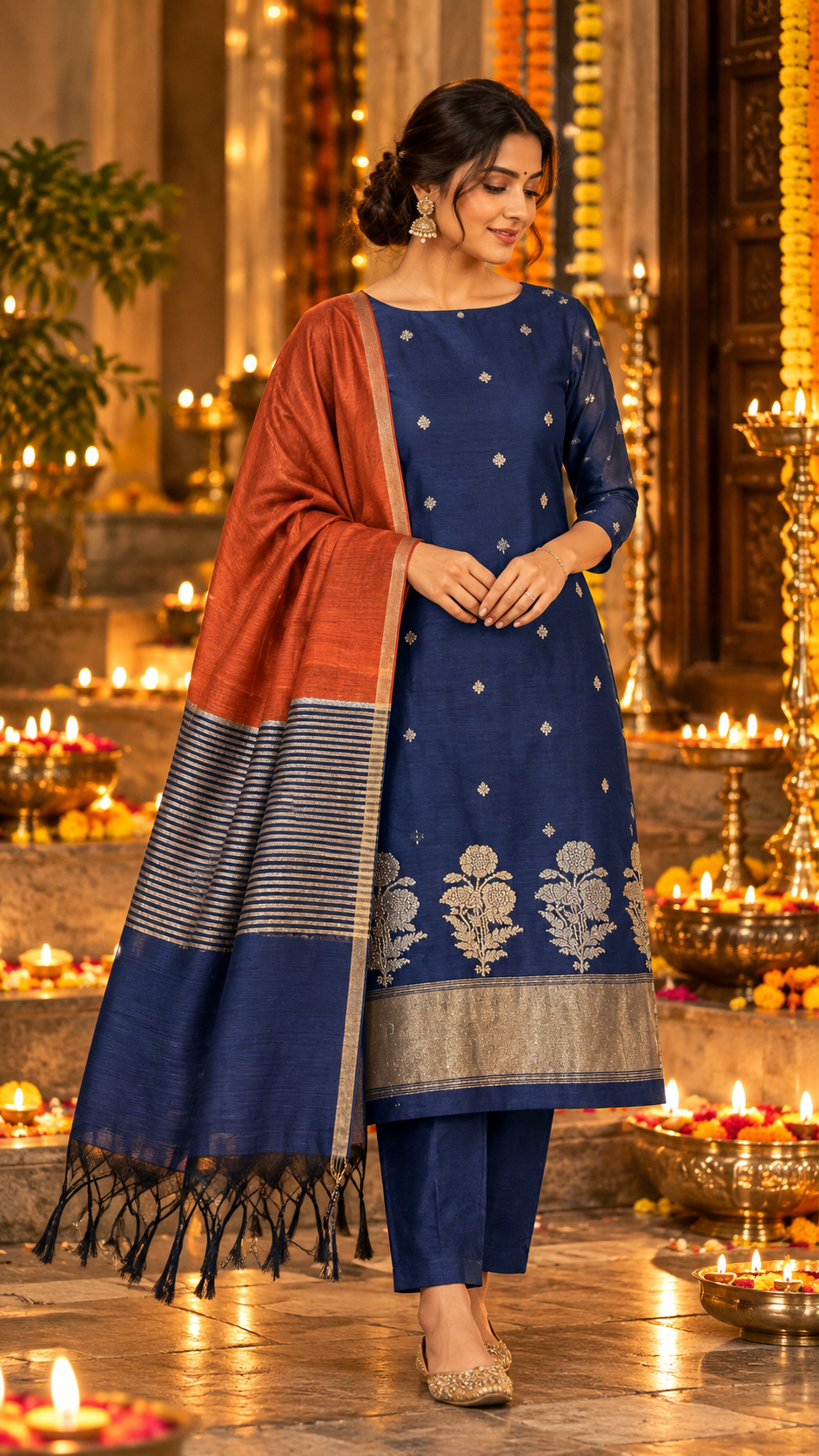 Navy Blue and Rust Orange Cotton Silk  Banarasi 3-Piece Suit Material