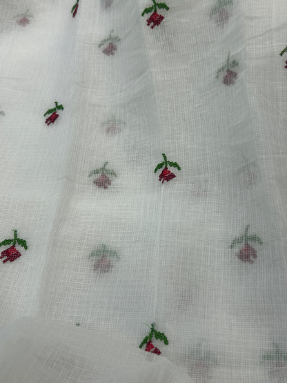 White and red cross stitched embroidery Kota Doria 3-Piece Dress Material