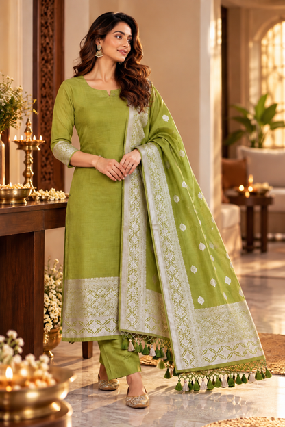 Olive Green Pure Mul cotton  Suit Set