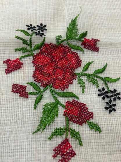 White and red cross stitched embroidery Kota Doria 3-Piece Dress Material