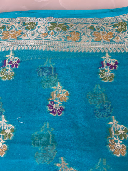 Authentic Handloom Pure Khaddi Georgette Banarasi Saree – Turquoise Blue with Meenakari Weaving