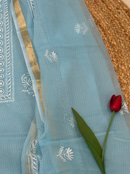 Aqua Blue Mix Cotton Kota Doria Unstitched Suit Set