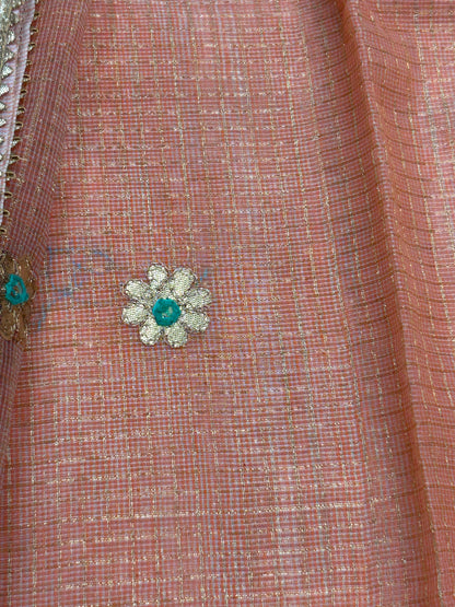 Peach color Kota Doria  with Gotapatti 3 piece unstitched Dress Material