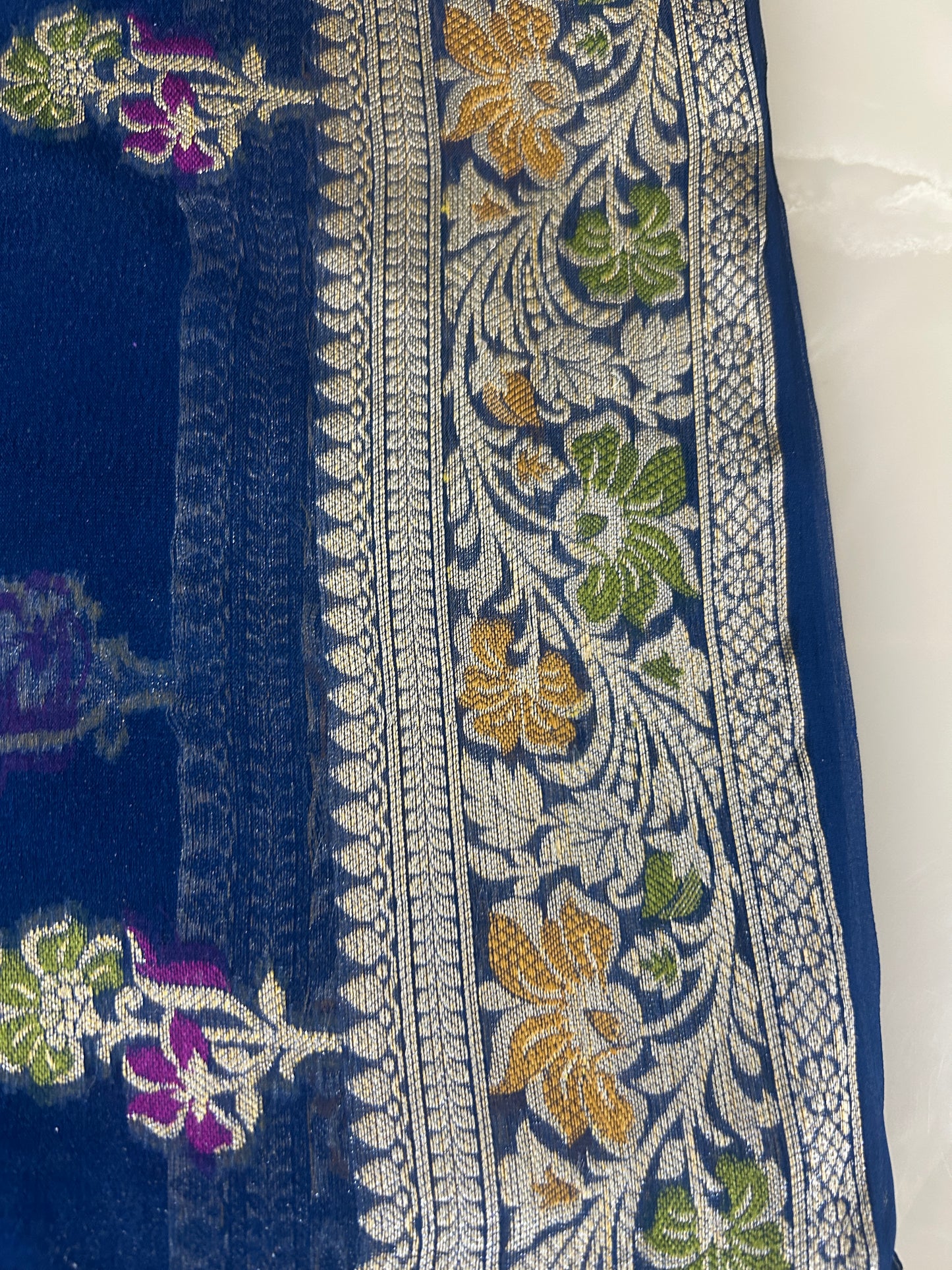 Authentic Handloom Pure Khaddi Georgette Banarasi Saree – Midnight Navy Blue with Meenakari Weaving