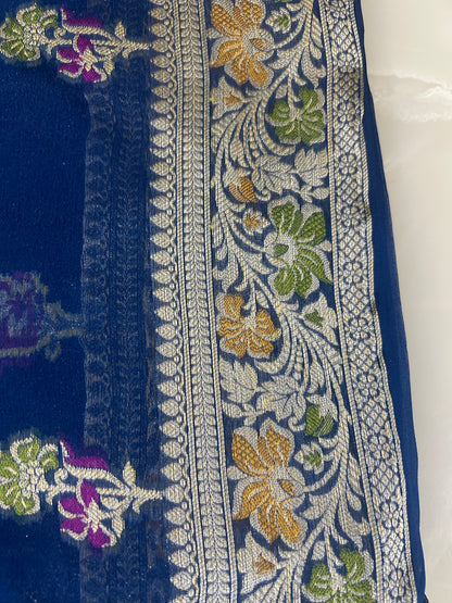 Authentic Handloom Pure Khaddi Georgette Banarasi Saree – Midnight Navy Blue with Meenakari Weaving