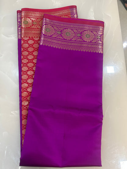 Purple Katan Semi Silk Banarasi Saree with Contrast Red Brocade Pallu and Blouse Piece SSB223
