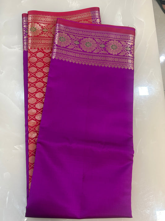 Purple Katan Semi Silk Banarasi Saree with Contrast Red Brocade Pallu and Blouse Piece SSB223