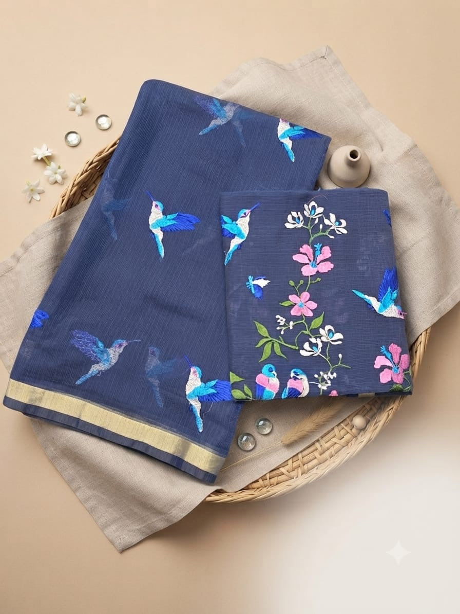 Navy Blue Floral & Hummingbird Embroidered Mixed-Cotton Kota Doria Unstitched Suit Set