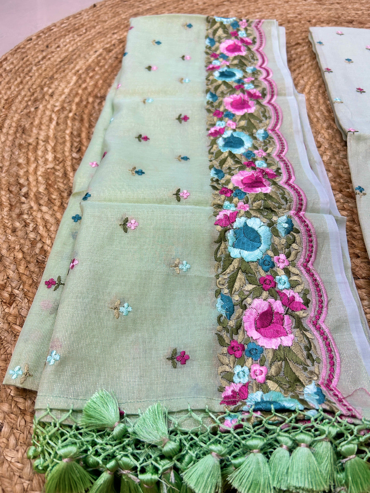 Pastel Green Pure Mul Tissue Parsi Embroidery Dress Material