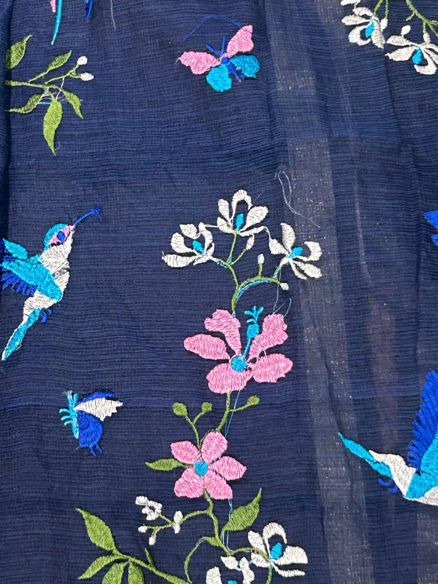 Navy Blue Floral & Hummingbird Embroidered Mixed-Cotton Kota Doria Unstitched Suit Set