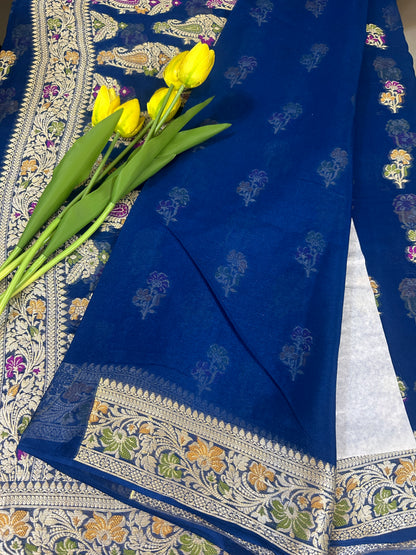 Authentic Handloom Pure Khaddi Georgette Banarasi Saree – Midnight Navy Blue with Meenakari Weaving