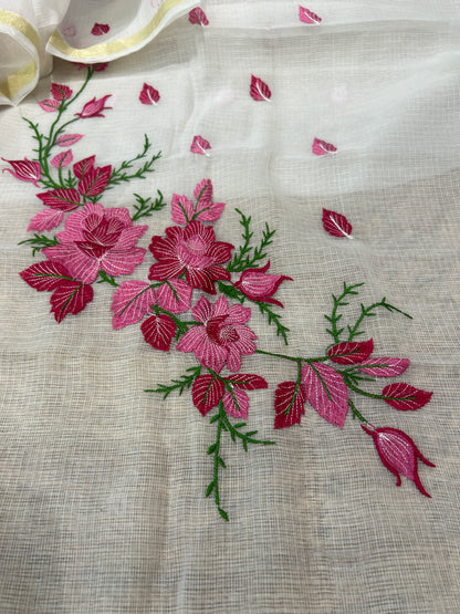 Embroidered Mix Cotton Kota Doria 3-Piece Dress Material – Pink Floral