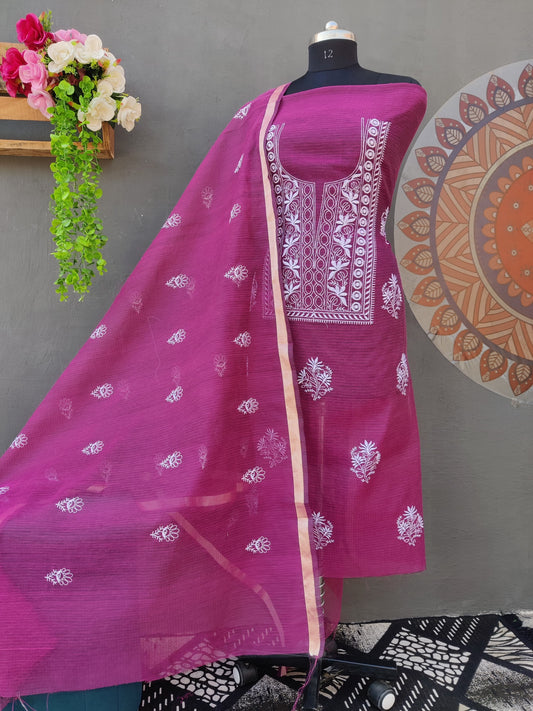 Wine Mixed Cotton Kota Doria Unstitched Suit Set