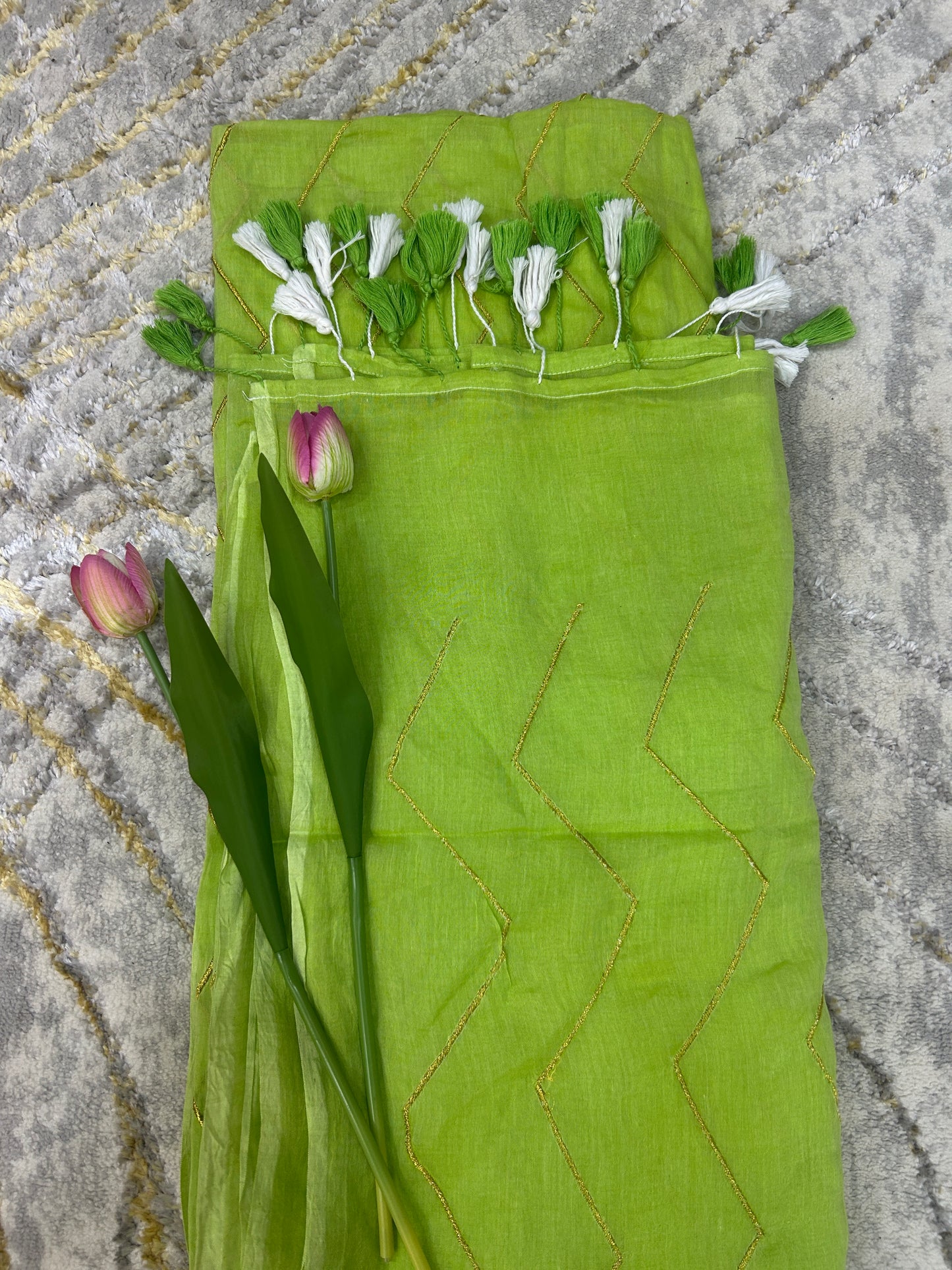 Light green Mulcotton saree with zig zag golden thread embroidery