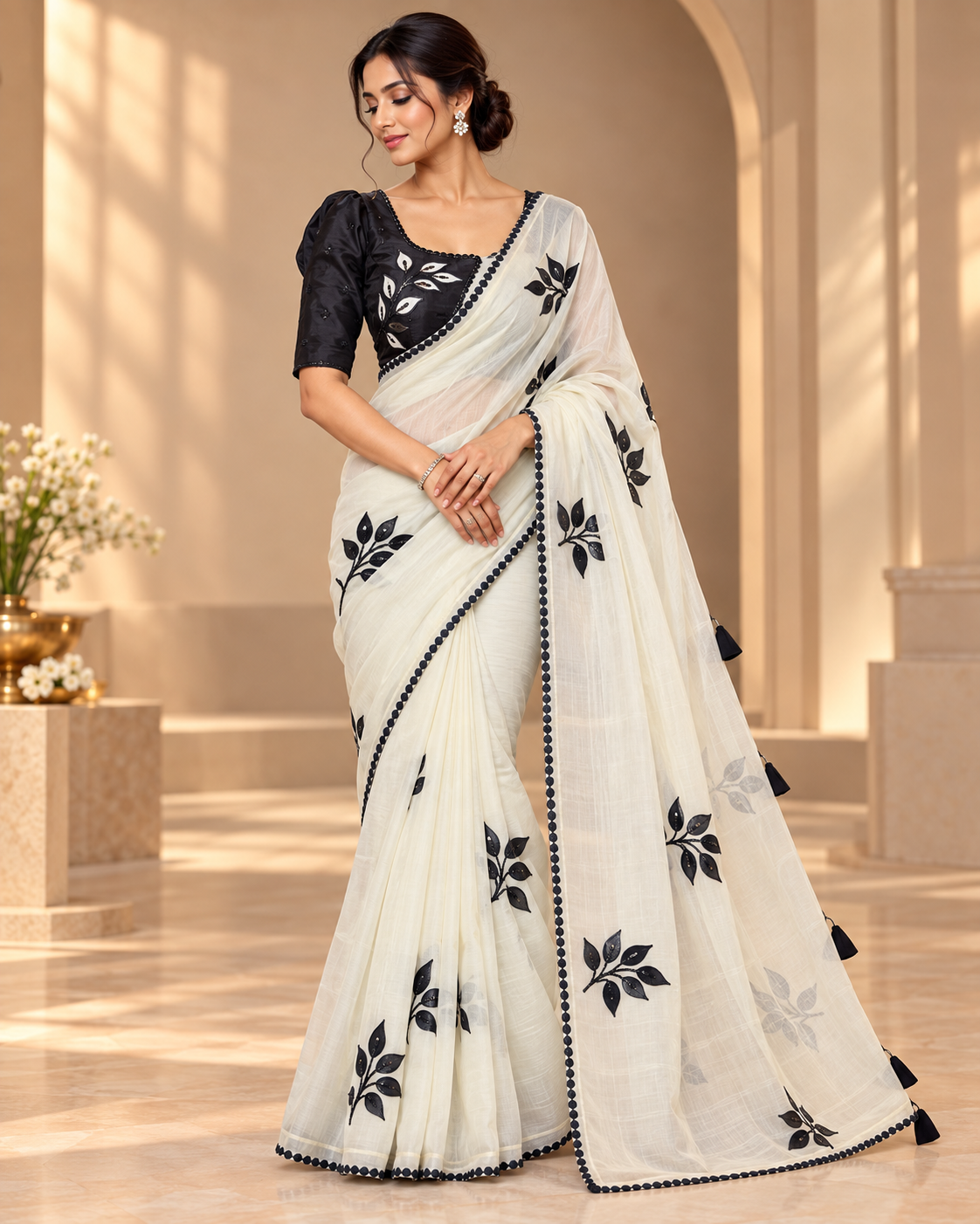 Black and white  designer party wear Saree with designer ready made blouse  - SPW175