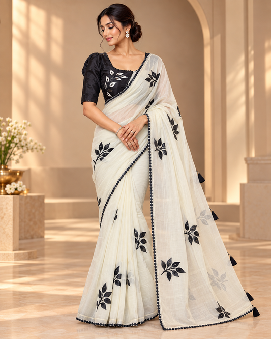 Black and white  designer party wear Saree with designer ready made blouse  - SPW175