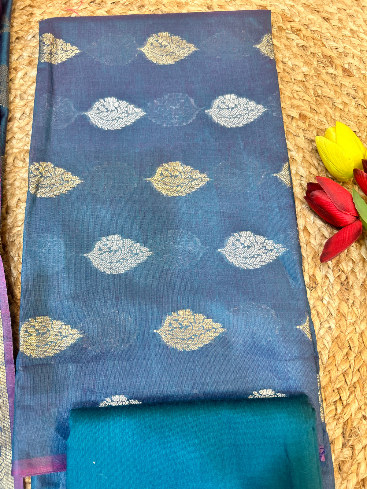 Peacock Blue Cotton Silk  Banarasi 3-Piece Suit Material