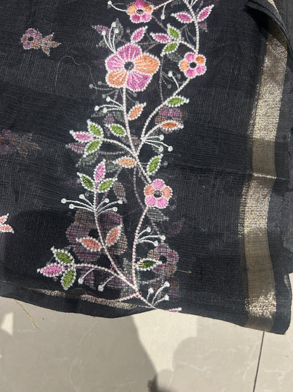 Black Floral Embroidered Mix Cotton Kota Doria 3-Piece Suit Set